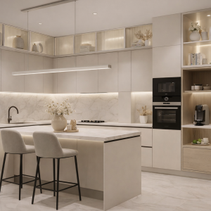 virtuve ar salu un stiklu